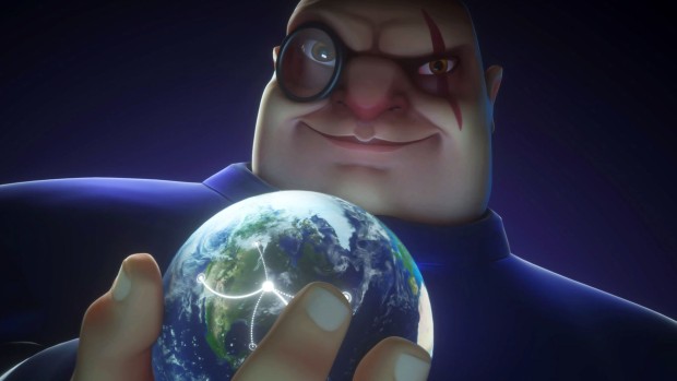 Evil Genius 2 screenshot of Maximilian holding the world in his hands