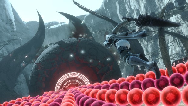 NieR Replicant screenshot of a boss with swirly red ball attacks