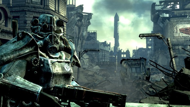 Fallout 3 Power Armor in a ruined city screenshot