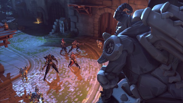 Overwatch 2 Halloween Terror: Wrath of the Bride screenshot of Winston as a gargoyle attacking the players