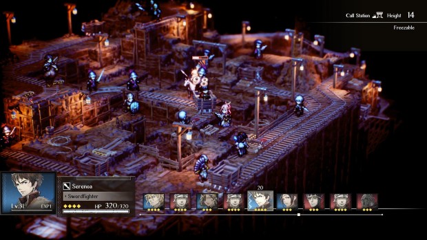 Screenshot of minecart based combat in Triangle Strategy - a turn-based game inspired by Final Fantasy Tactics