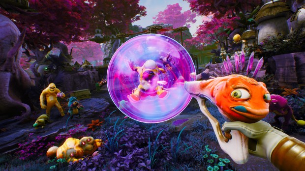 High On Life comedy-focused FPS game screenshot of an enemy getting bubble blasted