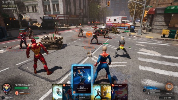 Marvel's Midnight Suns super hero turn-based RPG screenshot showing Captain Marvel's combat cards