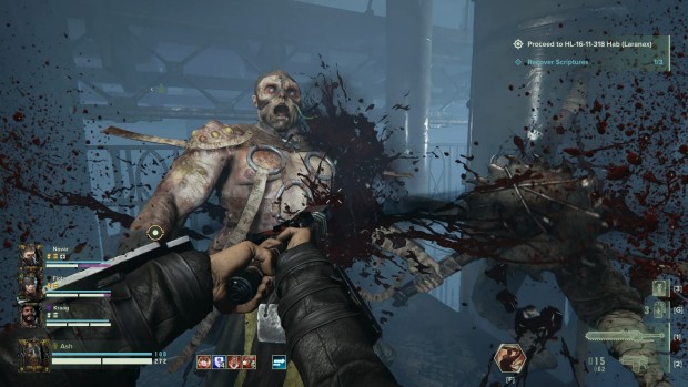 Warhammer 40k: Darktide humorous screenshot of a rager being hit by an eviscerator