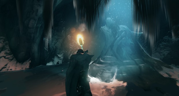 Valheim screenshot of a frozen statue in the Frost Caves