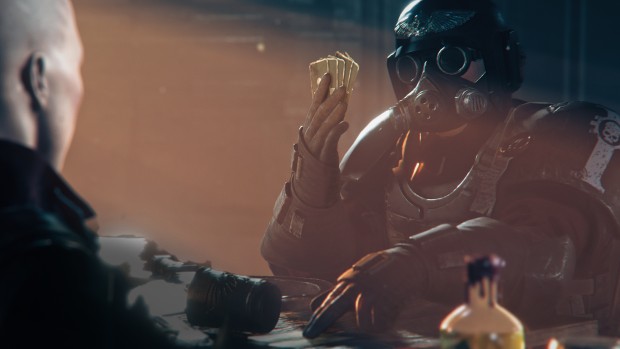 Warhammer 40k: Darktide screenshot of the characters playing cards
