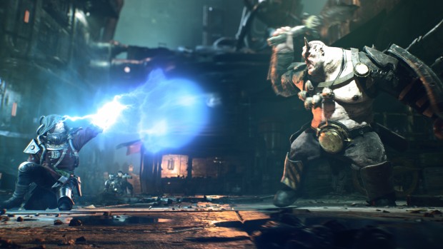 Warhammer 40,000: Darktide screenshot of the cinematic trailer showing a Psyker fighting a Bulwark