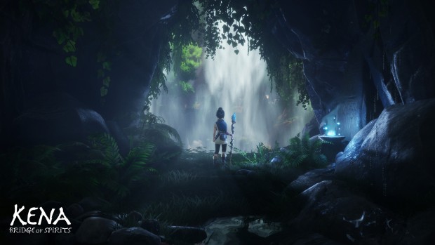 Kena: Bridge of Spirits adorable action-adventure screenshot showing a beautiful waterfall