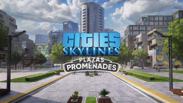 Cities: Skylines pedestrian focused expansion Plazas & Promenades artwork and logo