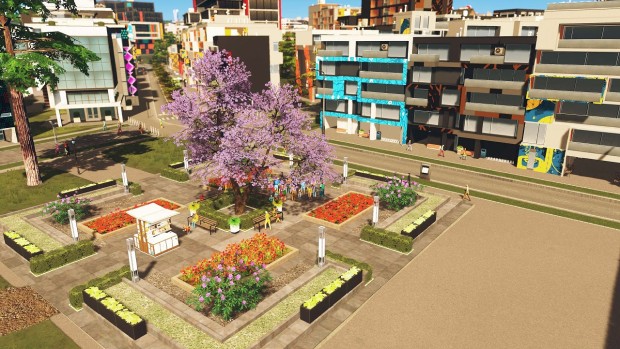 Cities Skylines: Plazas and Promenades pedestrian focused DLC screenshot of a colorful park