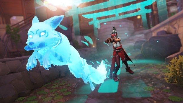 Overwatch 2 screenshot of the fox-themed support hero Kiriko using her Kitsune Rush from up close