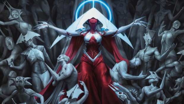 MTG Arena artwork showing off Elesh Norn, Mother of Machines card from the ONE expansion