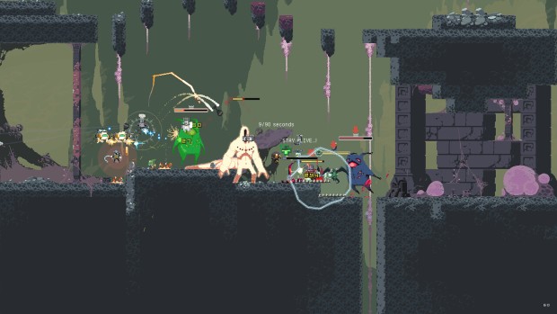 Risk of Rain Returns action-roguelike screenshot of a horde of enemies charging the players