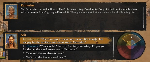 Broken Roads, Classic Fallout inspired CRPG, screenshot of a compelling quest