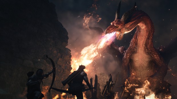 Dragon's Dogma 2 screenshot of the player fighting a fire-breathing dragon