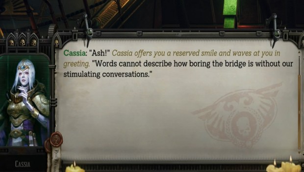 Warhammer 40000: Rogue Trader review screenshot of Lady Cassia talking