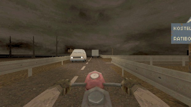 HROT, a Quake inspired boomer shooter with Soviet-era themes, screenshot of a motorbike ride through a depressing town