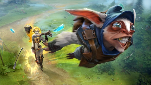 Dota 2 artwork of Meepo getting hammered by Dawnbreaker