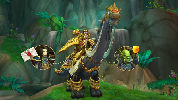 Please, don't spend actual money on this. World of Warcraft screenshot of the expensive $90 shop mount - The Trader’s Gilded Brutosaur