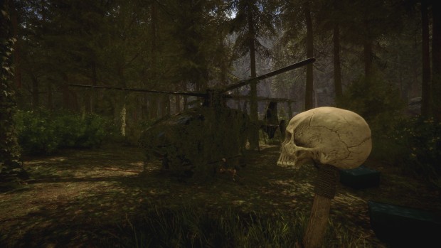 Sons of the Forest screenshot of the skull mace and an overgrown helicopter in the woods