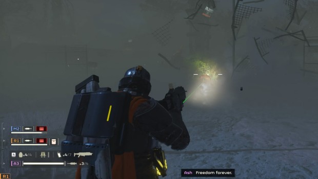 Helldivers 2 fighting bugs in a blinding mist