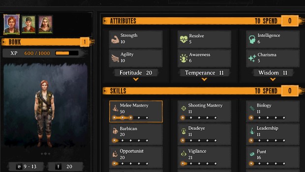 Broken Roads screenshot of Bonk and her melee build