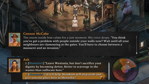 Broken Roads screenshot of some very serious dialogue