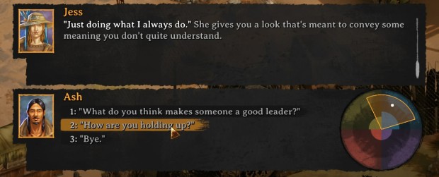 Broken Roads screenshot of the fairly closed-off companions