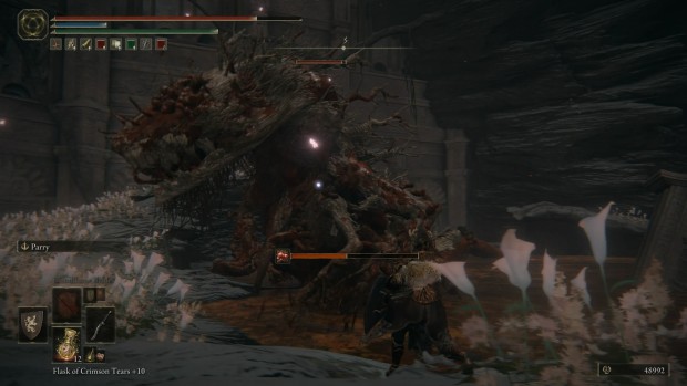 Elden Ring screenshot of the visually messed up Ulcerated Tree Spirit boss
