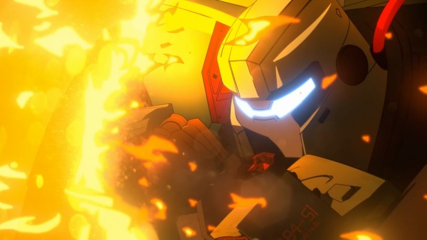Dispatch screenshot of the mecha man suit being burnt