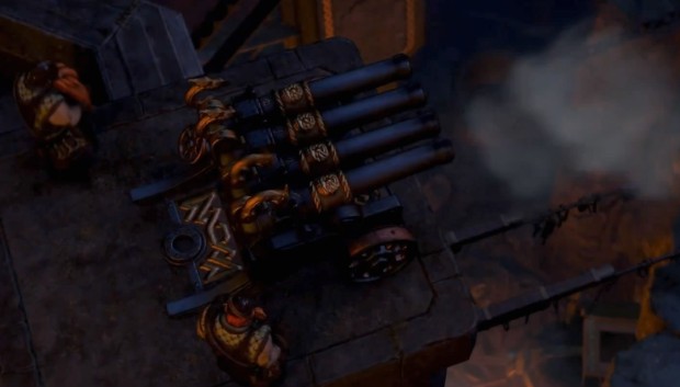 Total War: Warhammer 3 cinematic screenshot of Dwarf artillery on city walls