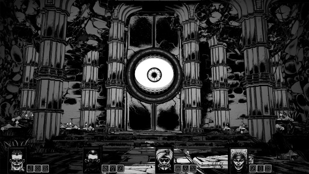 Cryptmaster indie humorous typing and dungeon crawling game screenshot of a strange room with a giant eye