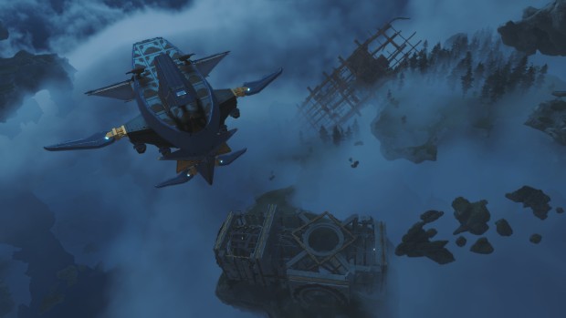 Lost Skies exploration crafting focused adventure screenshot of a boxy ship flying through the night