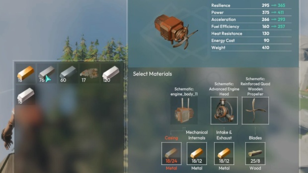Lose Skies screenshot of items and item quality affecting the end product