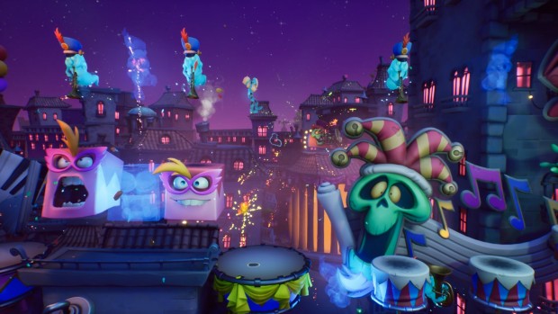 Crash Bandicoot 4 screenshot of the Mardi Gras level where the music and enemies are in sync