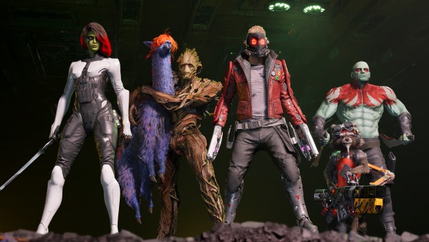 Guardians of the Galaxy screenshot of the group with a llama