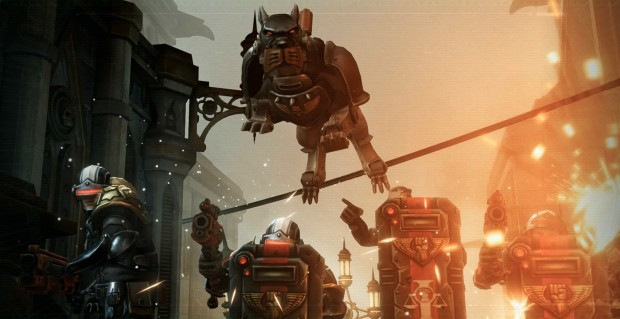 Rogue Trader: Lex Imperialis DLC screenshot of Glaito jumping over the Arbiters to join the fight