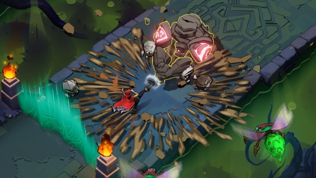 Wizard of Legend 2 screenshot of the player kicking a rock monster