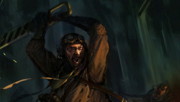 Darktide artwork showing off the Zealot in action swinging a sword