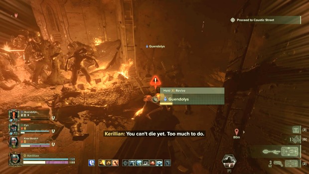 Darktide screenshot of a player being rezzed in the middle of a horde