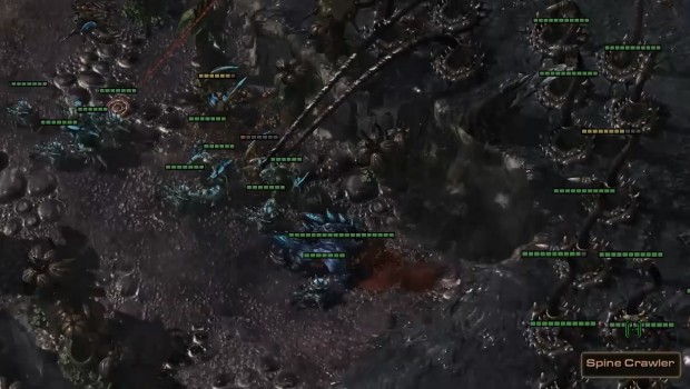 Starcraft 2 screenshot of a lot of spine crawlers in the Kerrigan defense mission