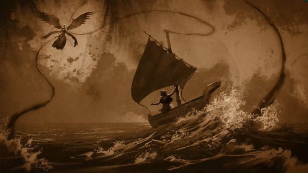 Titan Quest 2 screenshot of the hand-drawn, parchment cinematics