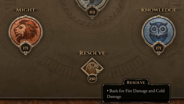 Titan Quest 2 screenshot of the attribute wheel showing might and knowledge