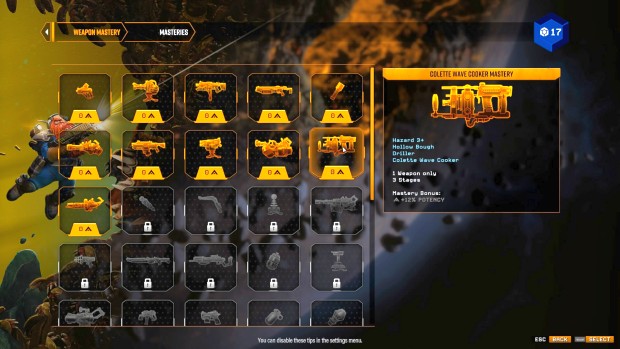 Deep Rock Galactic: Survivor screenshot of the many, many mastery upgrades