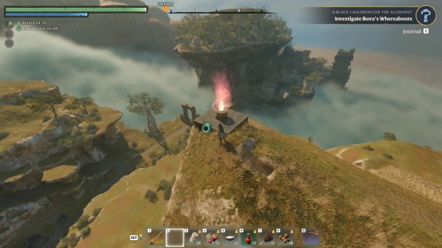 Enshrouded beginner's guide screenshot of the player placing a flame altar at a cliff's edge