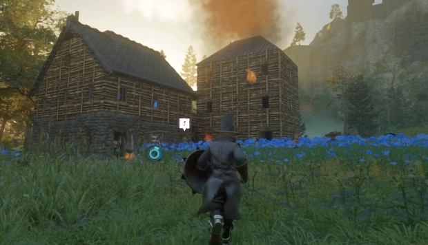 Enshrouded screenshot of our base being perpetually on fire