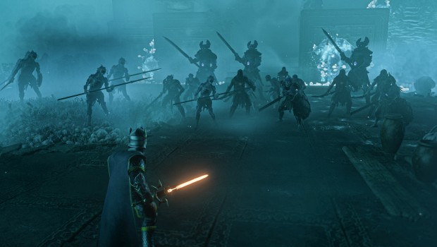 Enshrouded screenshot of the player about to be attacked by a ton of skeletons