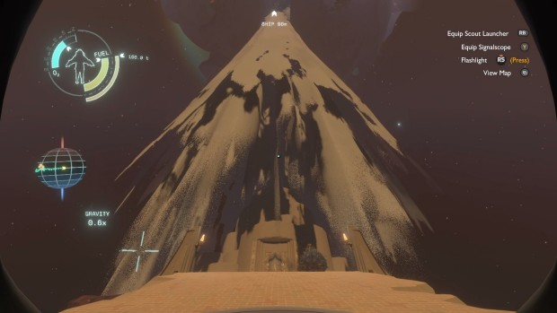 Outer Wilds seven year retrospective screenshot of a massive and kinda scary sand vacuum on the twins