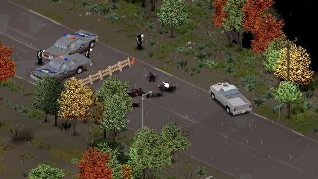 Project Zomboid Build 42 screenshot of a randomly generated police roadblock