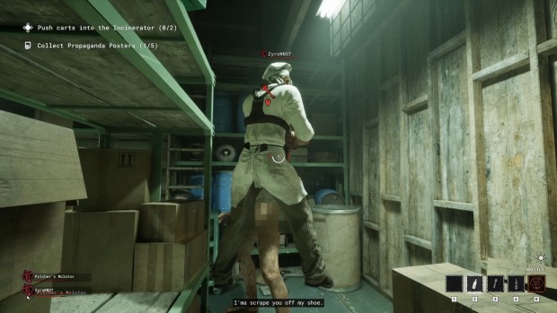 The Outlast Trials screenshot of an ally being grabbed by a big grunt